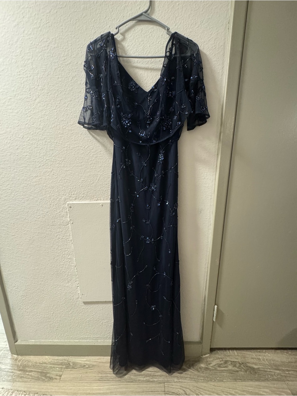 Adrianna Papell Navy Beaded Maxi Dress with Sheer Flutter Sleeves
